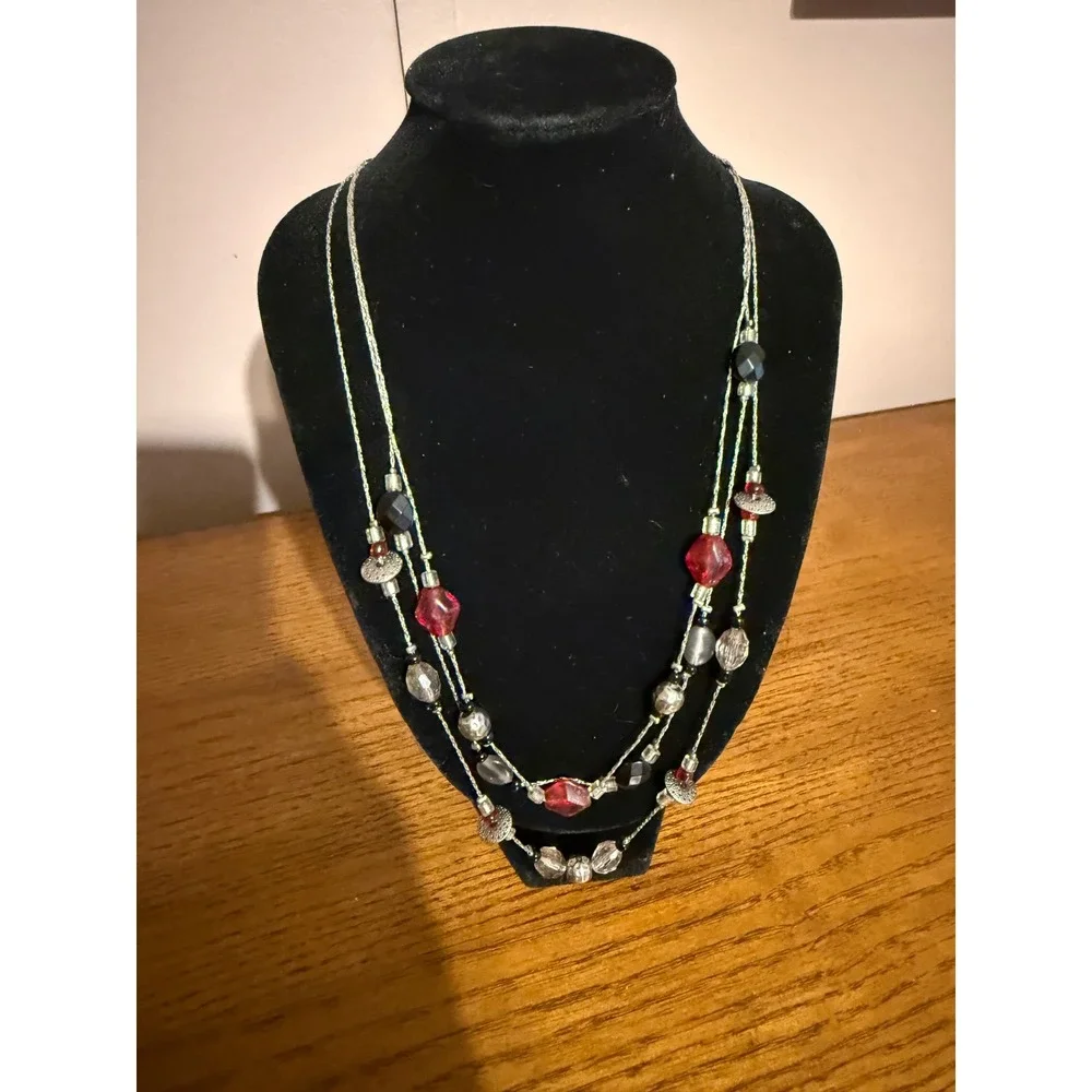 Multi Strand Beaded Layered Necklace Red Black Silver Tone Statement Jewelry